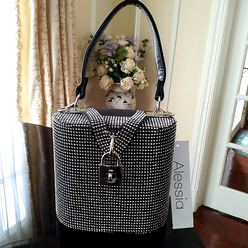 Alessia Rhinestone Bucket Bag Purse. NEW. Black w/ rhinestones, silver hardware. - Picture 1 of 16